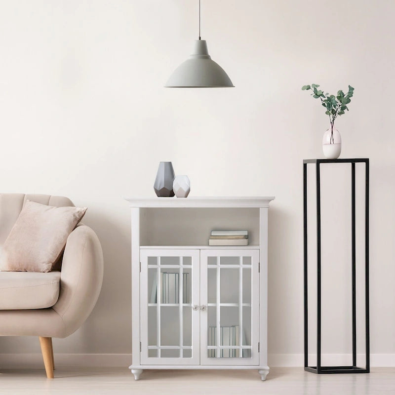 Wooden Freestanding Two-Door Floor Cabinet with Glass Paneled Doors and Open Fixed Shelf