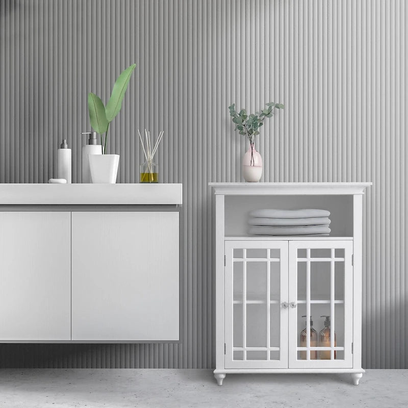 Wooden Freestanding Two-Door Floor Cabinet with Glass Paneled Doors and Open Fixed Shelf