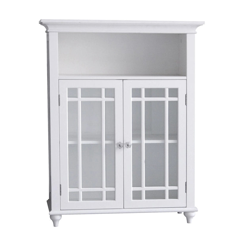 Wooden Freestanding Two-Door Floor Cabinet with Glass Paneled Doors and Open Fixed Shelf