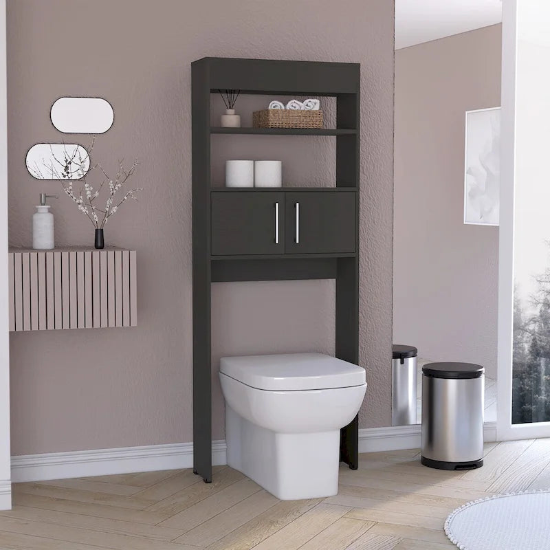 Over The Toilet Cabinet, Double Door, Two Shelves - Black
