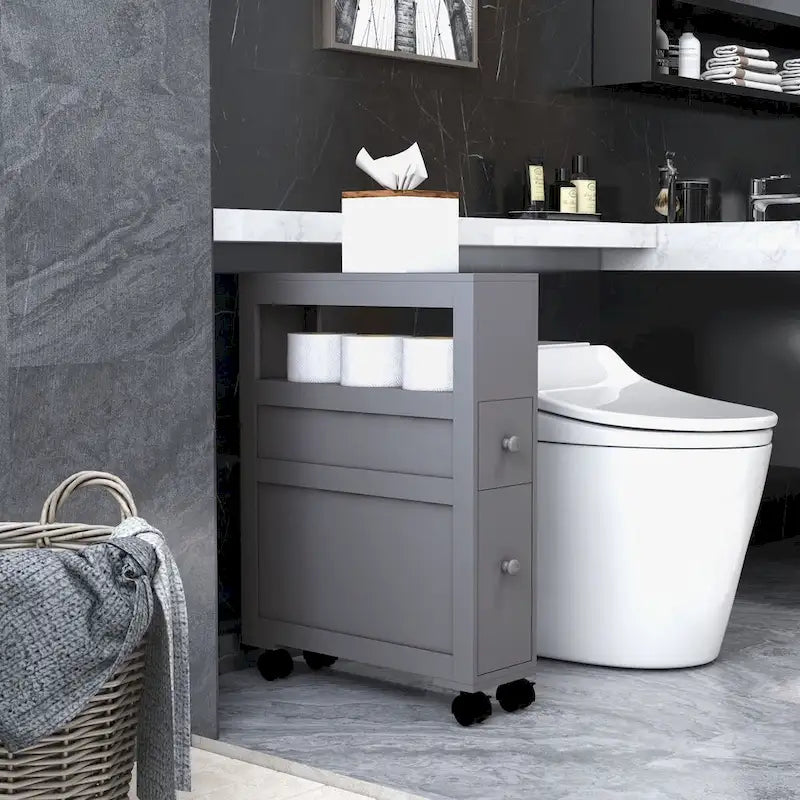 Wood Rolling Narrow Bathroom Side Storage Cabinet
