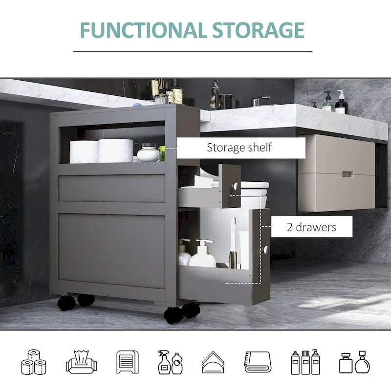 Wood Rolling Narrow Bathroom Side Storage Cabinet