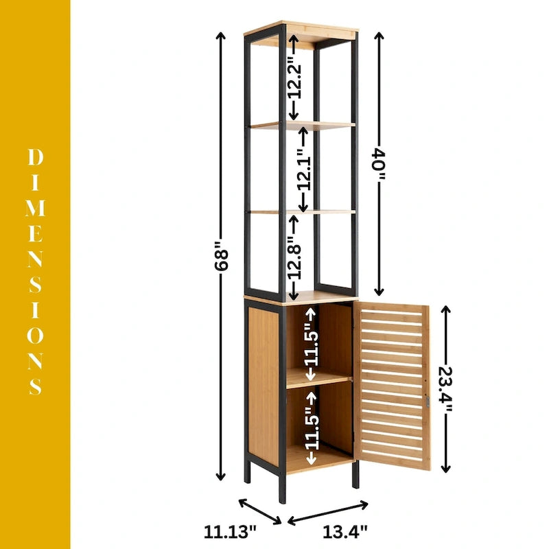 Natural Slim Storage Cabinet with Shelves, Modern Black Frame - 13.4L x 12W x 68H