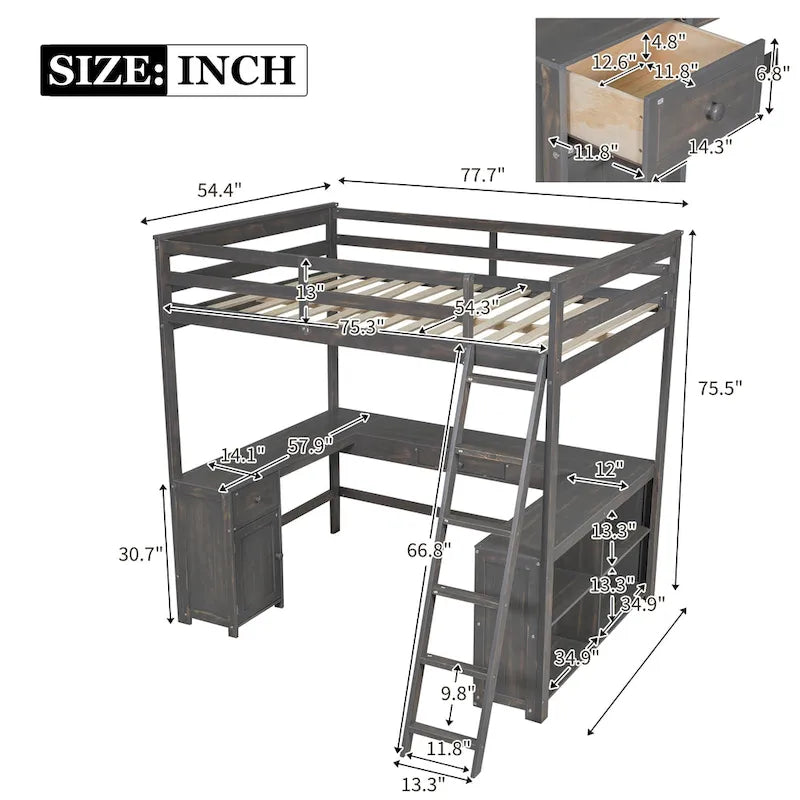 Loft Bed with U-shaped Desk, Drawers and Storage Shelves