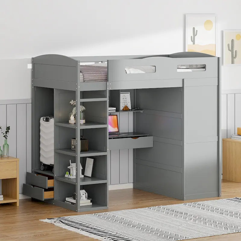Twin Size Loft Bed with Desk, Wardrobes, 4 Drawers and 4 Shelves